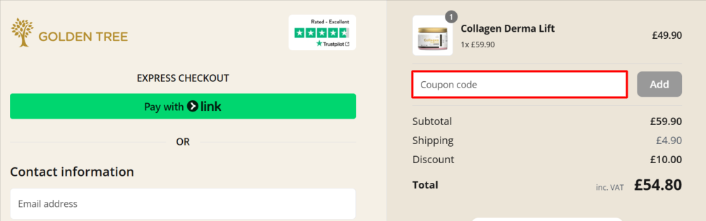 The Golden Tree checkout page with where to paste the Golden Tree voucher code in a red box