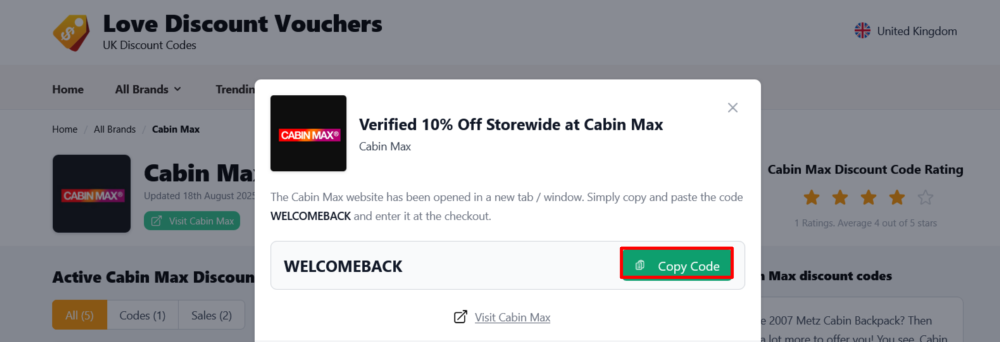 The page where you copy a Cabin Max code