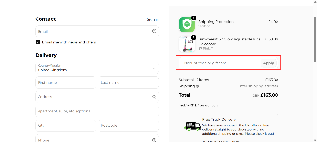 checkout page with a highlighted discount voucher box