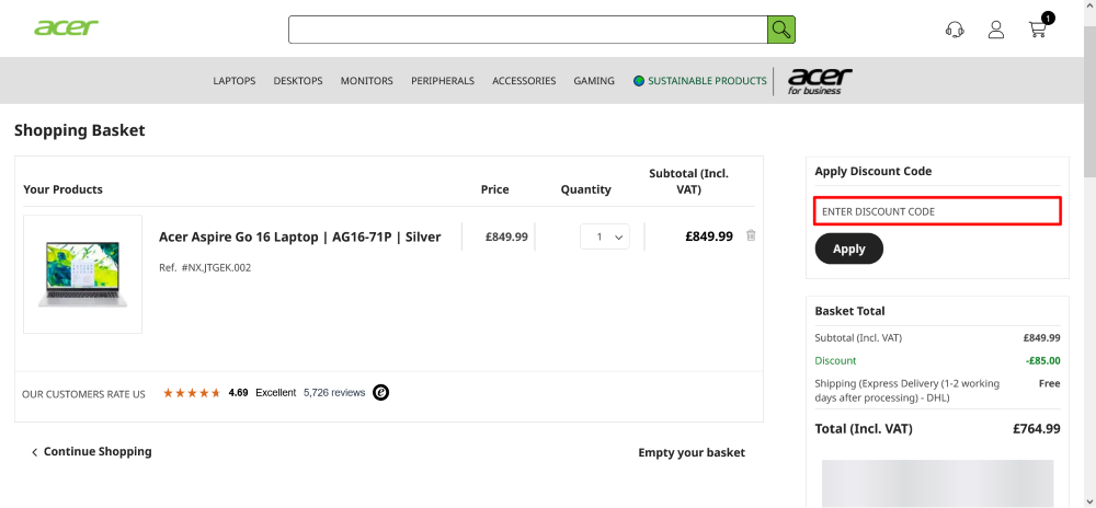 The Acer checkout page, where the code is pasted shown in a red box