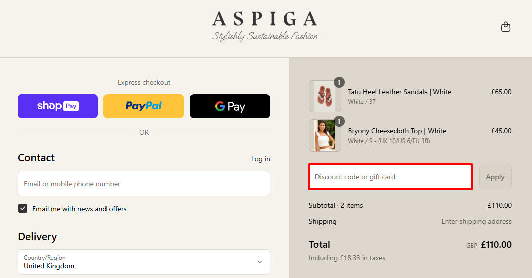 The Aspiga checkout page with where to paste the Aspiga voucher code.
