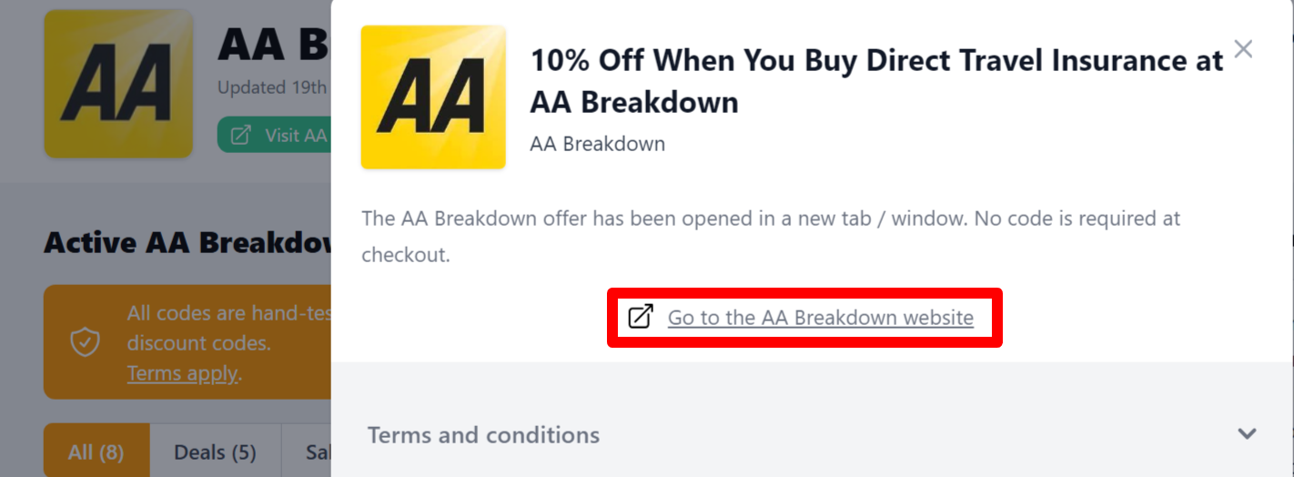 a highlighted link that customers can click after copying their AA Breakdown discount code