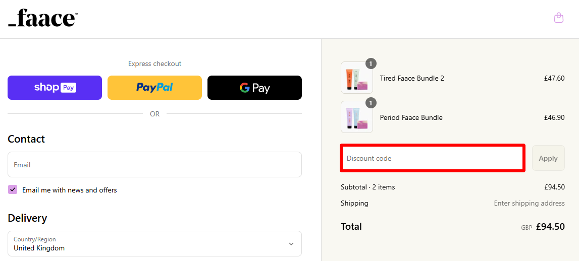 The _faace checkout page with where to paste the _faace voucher code highlighted in a red box.