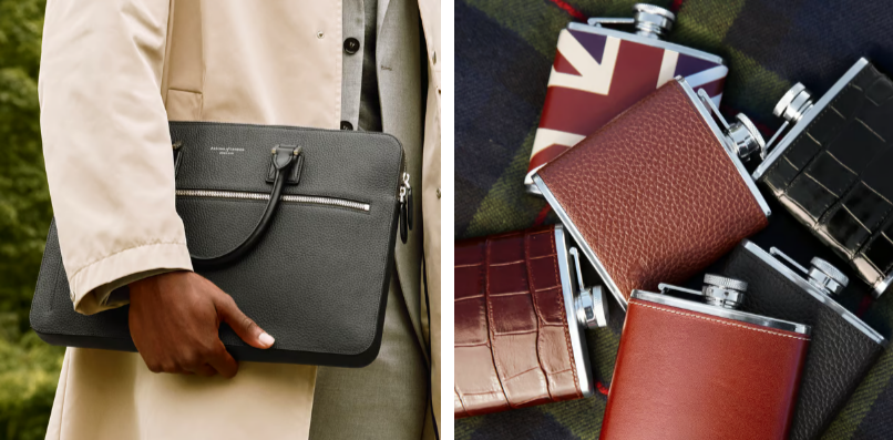 A Aspinal of London business bag and a hip flask