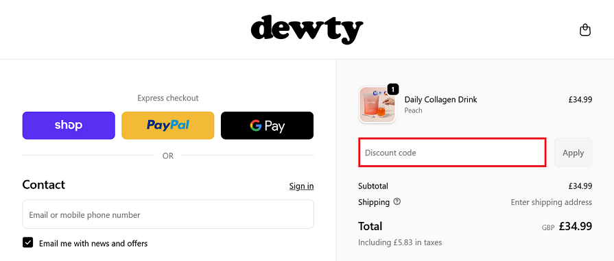 image showing the Dewty Beauty checkout page