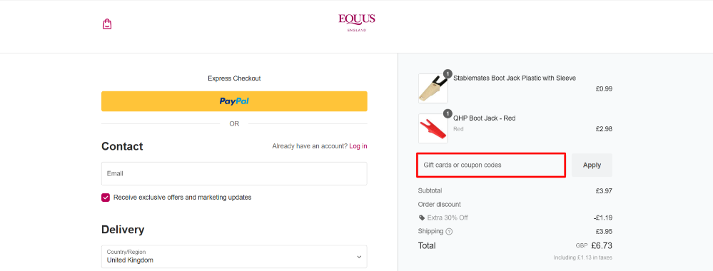 Applying an Equus promo code at checkout to save on your order