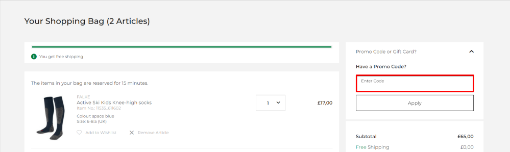 Applying a Falke promo code at checkout