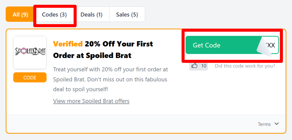 codes provided by Spoiled Brat to ensure savings for customers