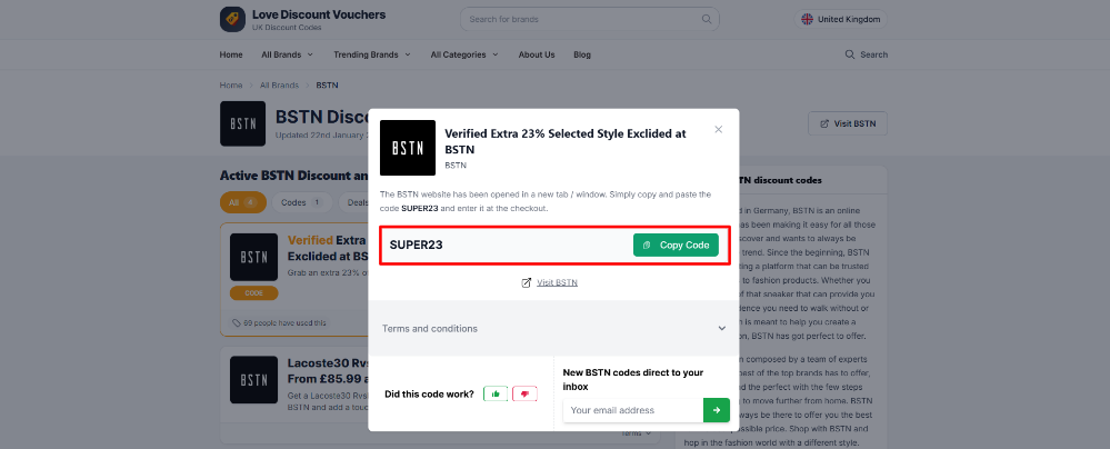 A verified code from BSTN on Love Discount Vouchers
