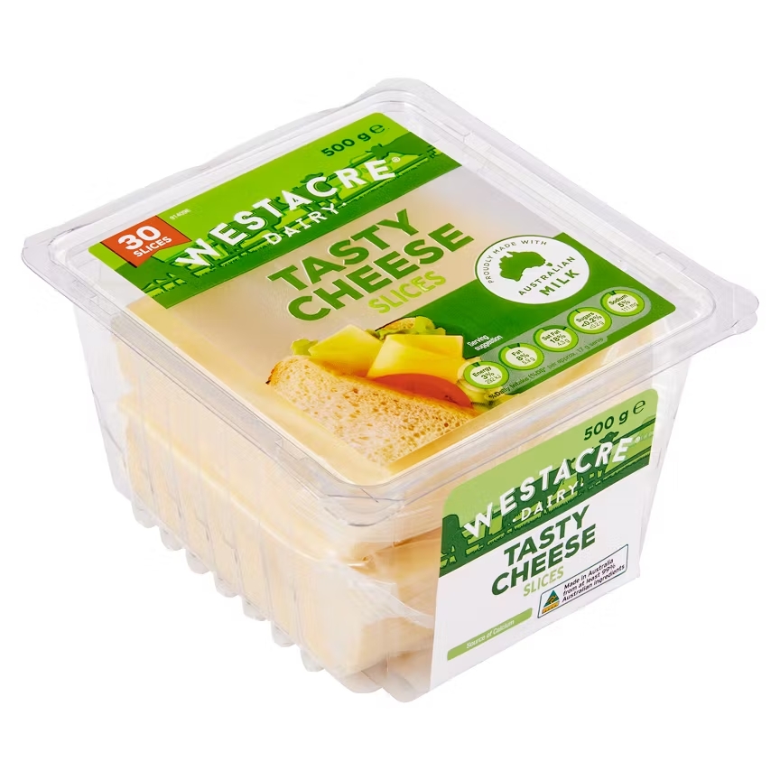 A tub of Westacre tasty sliced cheese on a white background