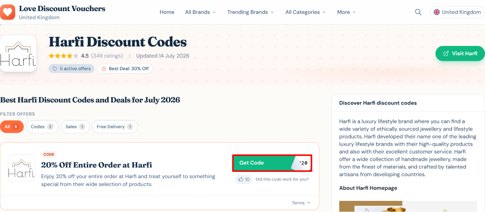 The Love Discount Vouchers page showing discount codes to use on your purchase