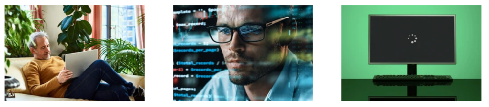 Man using laptop, cybersecurity professional coding, and computer screen loading antivirus software for online security and protection