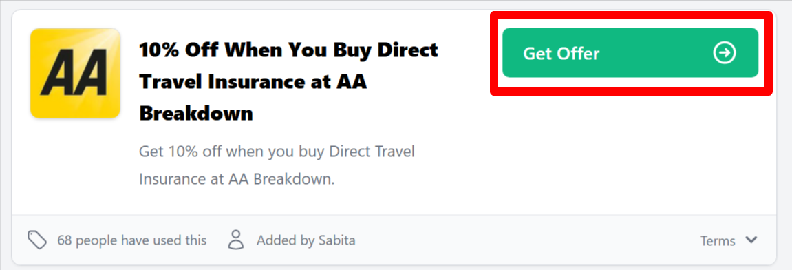 selected offer for saving money on the AA Breakdown website