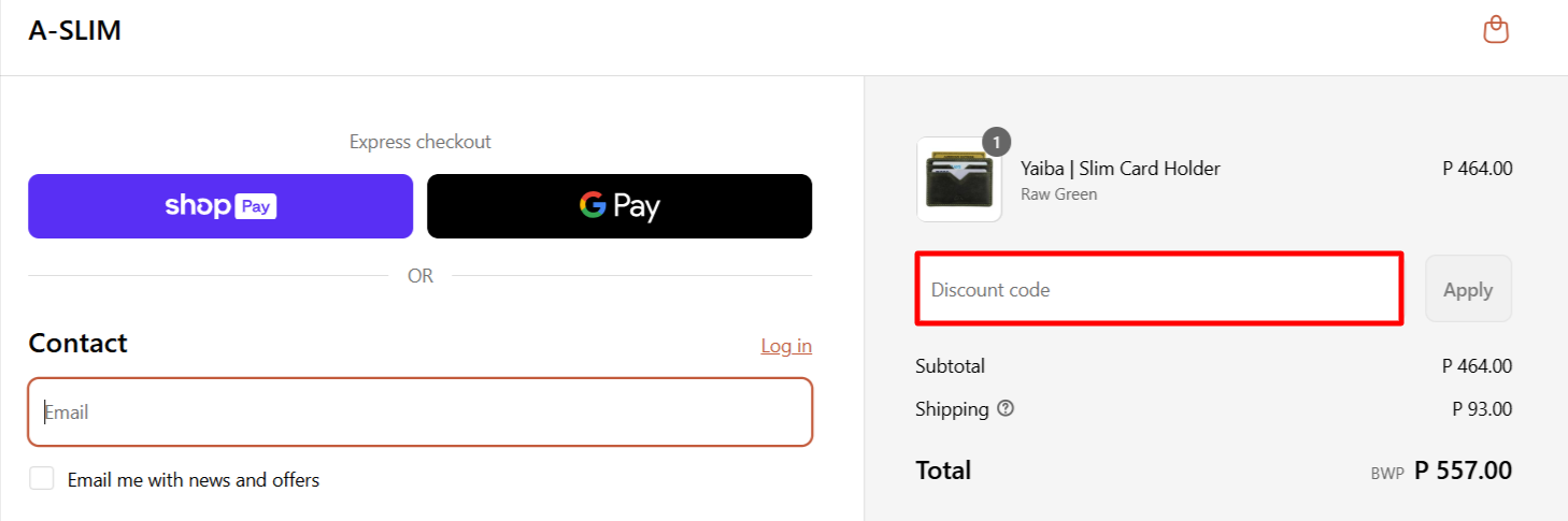 The checkout page showing where to apply your A-SLIM voucher code