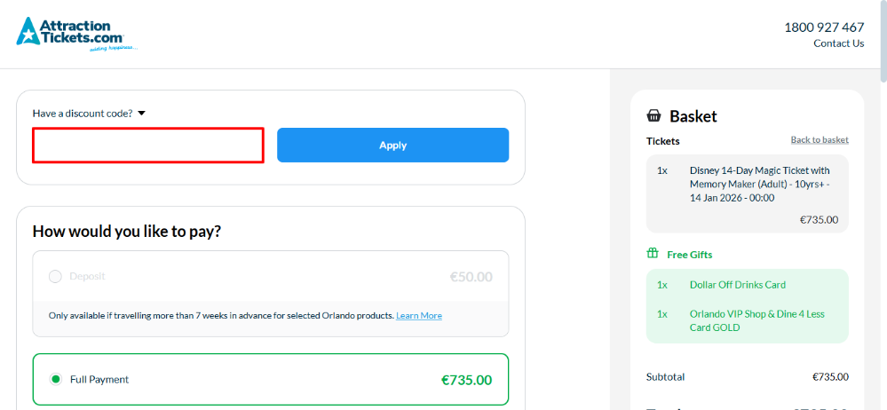 AttractionTickets.com discount code place in the checkout right at the top