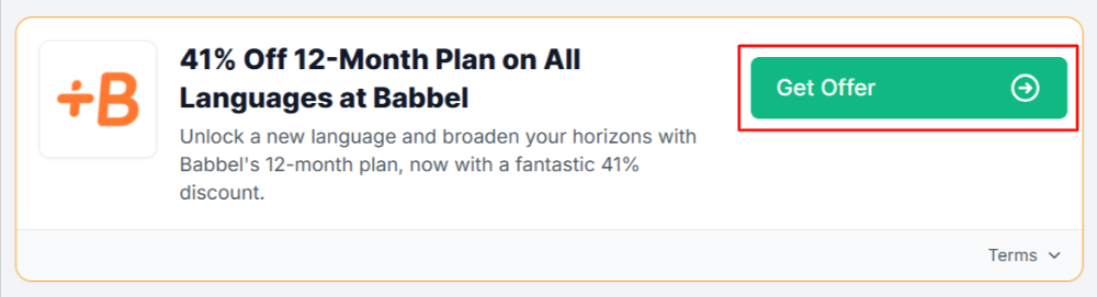 A Babbel offer with "Get Offer" in a red box.