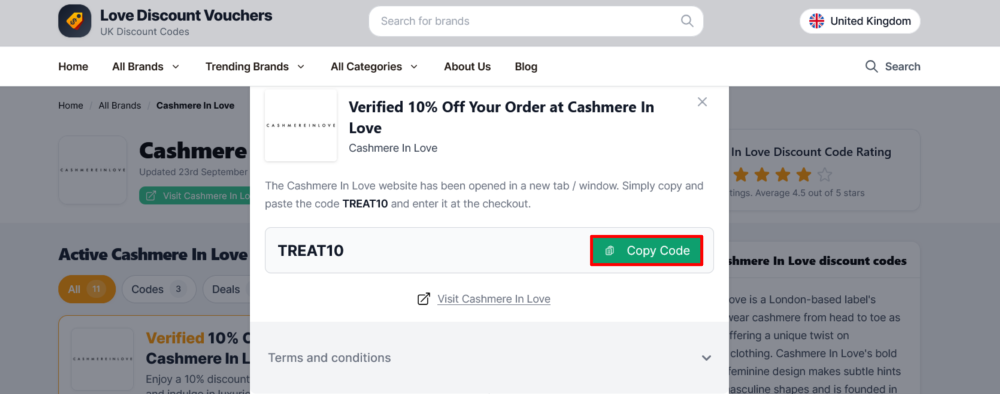 The page where you copy a Cashmere In Love code.