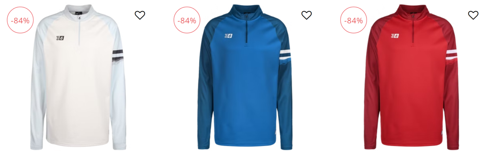 Drei Sweater in jeweils verschiedenen Farben mit Herzchen-Symbolen und Rabatt-Hinweisen