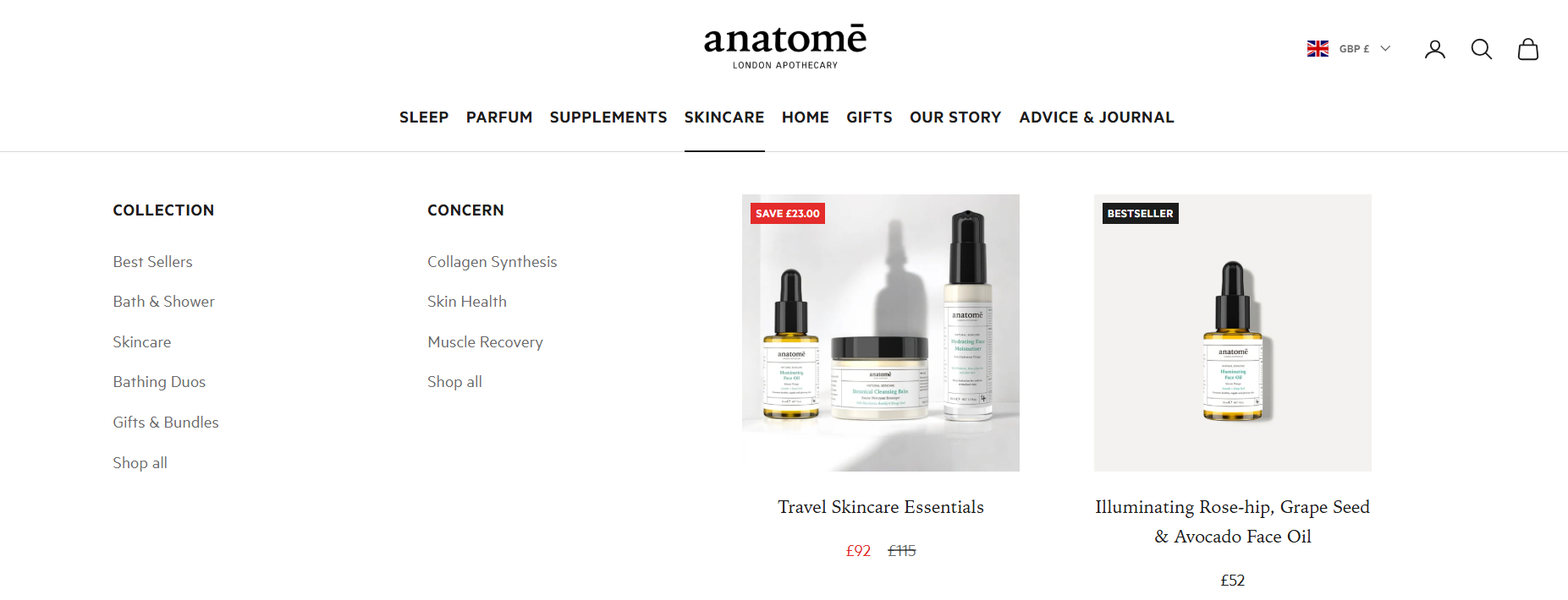 The anatome landing page showing the available product categories