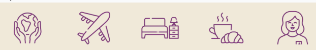 Just You holiday icons showing a globe, aeroplane, hotel, breakfast and female holiday representative