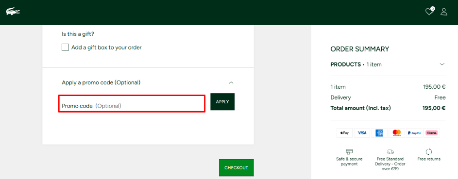 Lacoste discount code place in the checkout shown by a red box