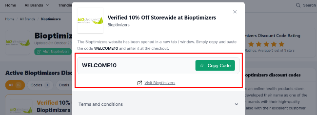 The highlighted red box shows the link that takes you to the Bioptimizers website