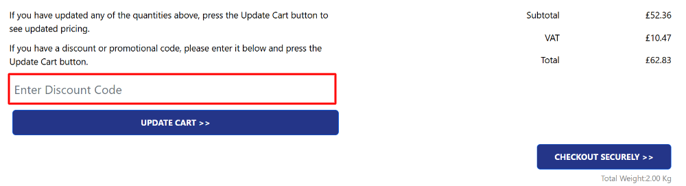 The EBC Brakes Direct shoping cart page with where to paste the EBC Brakes Direct voucher code in a red box