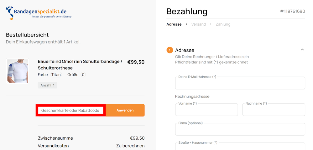 Bestellübersicht von BandagenSpezialist.de mit rotmarkiertem Eingabefeld für Gutscheine
