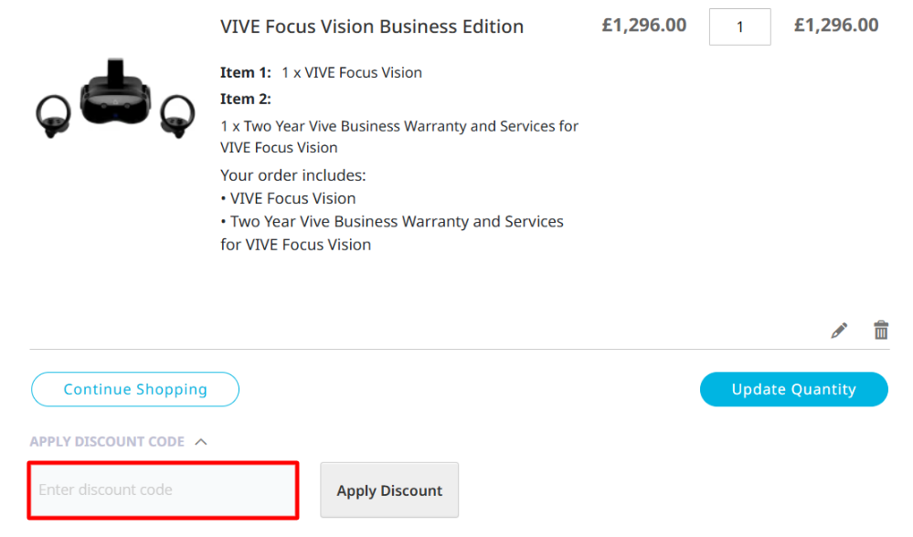 The HTC VIVE checkout page and a promotional box highlighted with a red box