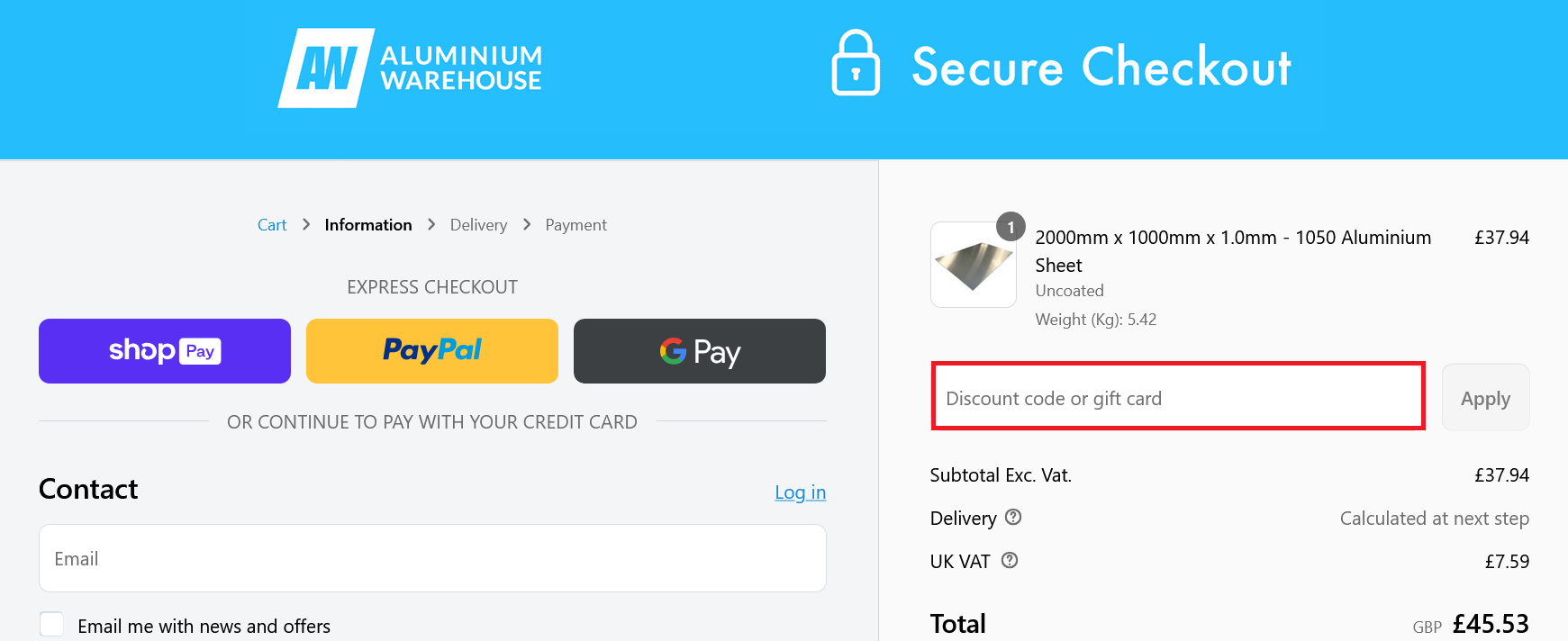 image showing the box where you should paste your Aluminium Warehouse coupon code into