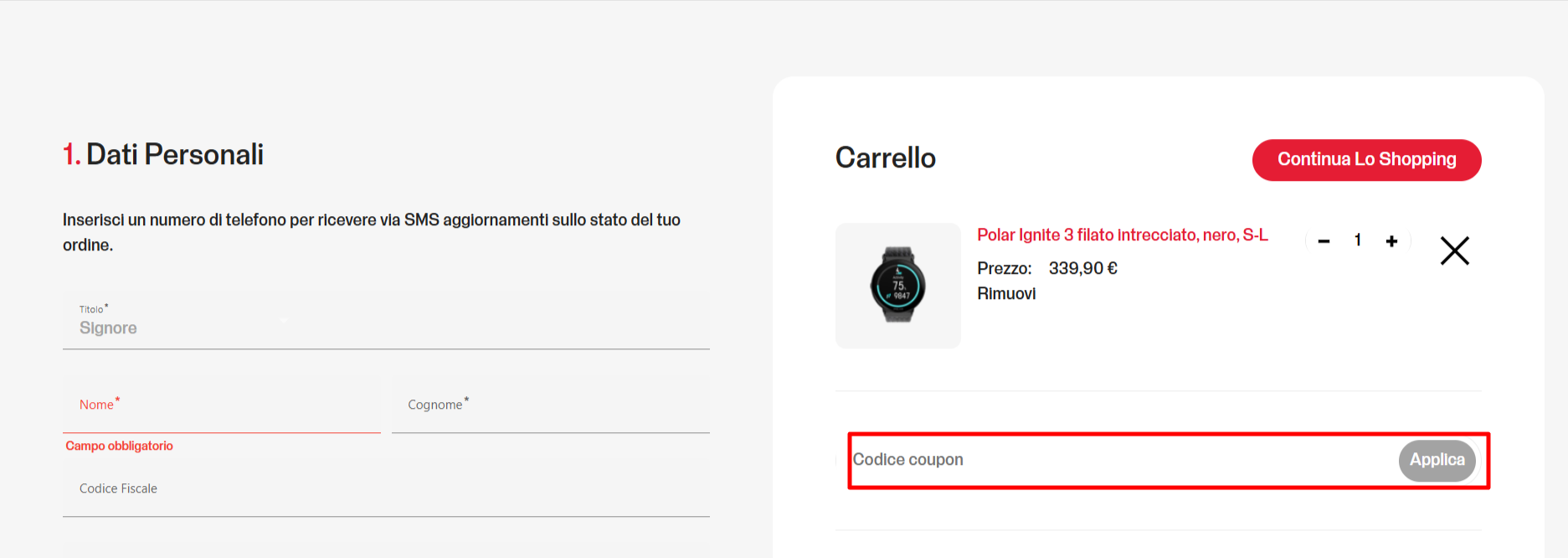 carrello del sito ufficiale Polar in cui poter avere tante occasioni e inserire il coupon Polar