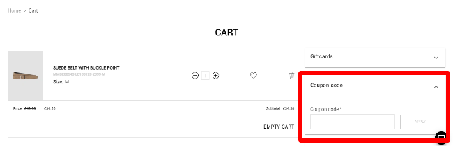 coupon code box on the Antony Morato website with an item overview
