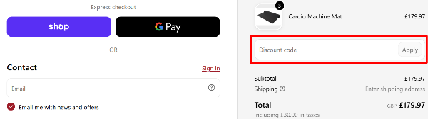 The checkout page showing a red box where to paste your Johnson Fitness voucher code