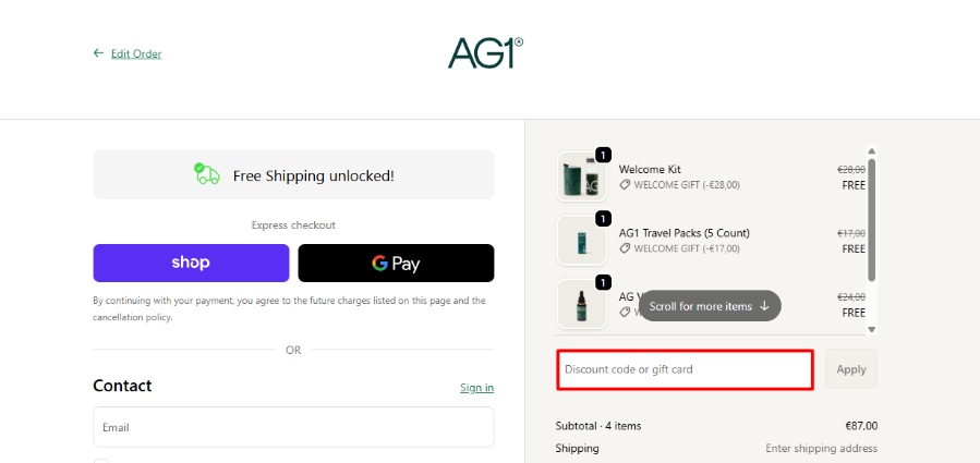 Athletic Greens promo code place in the checkout where you can add it