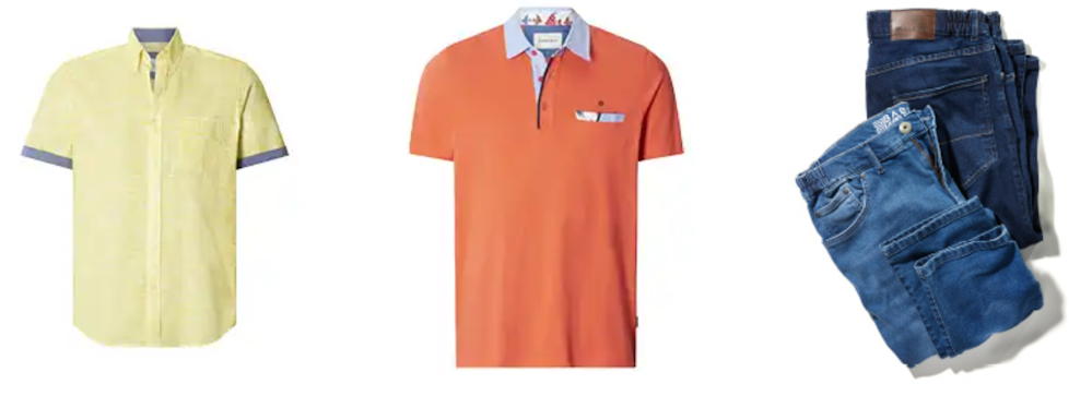 Zwei verschiedene T-Shirts neben zwei Jeans-Hosen auf leerem Hintergrund