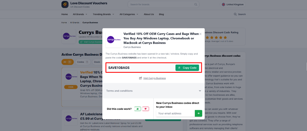 A Currys Businesspromo code on Love Discount Vouchers