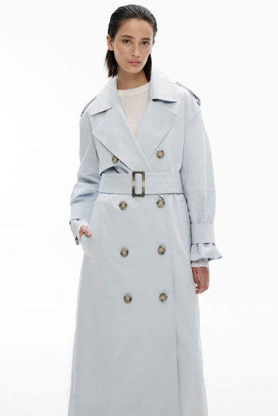 Women's coats and jackets: A model wearing a classic trench coat in Dove Blue