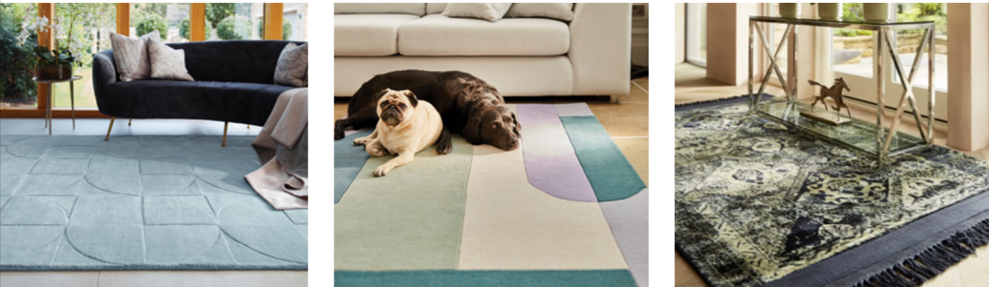 three frames with a variety of Ashanti Rugs's products and decor