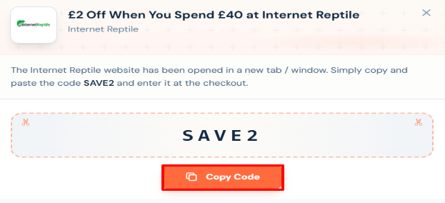 A box to click to copy the Internet Reptile voucher code