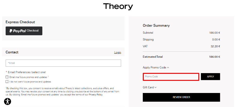 Apply a Theory promo code to your order in the order summary