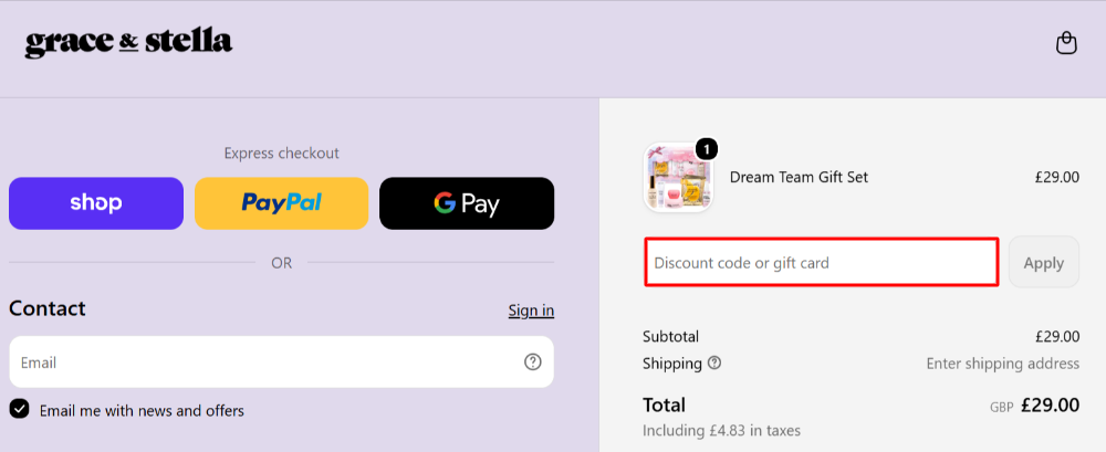 The Grace & Stella checkout page with where to paste the Grace & Stella voucher code in a red box
