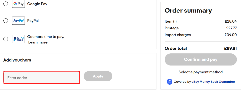 The eBay checkout page with where to paste the eBay discount code in a red box