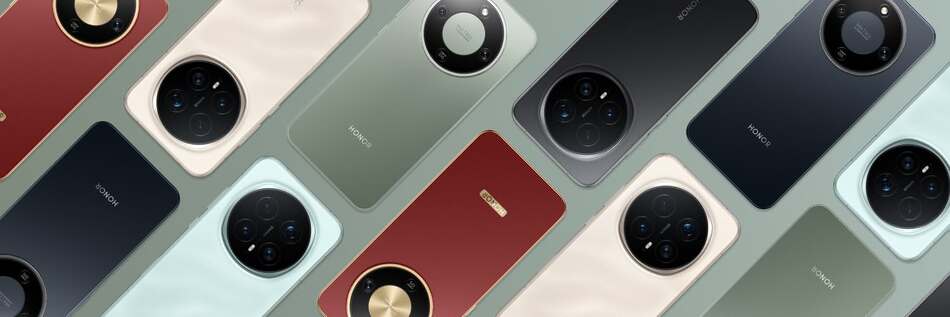 Eleven Honor smartphones lying facedown on a pale green background