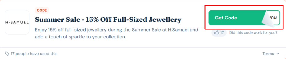 A H.Samuel voucher code with "Get Code" in a red box
