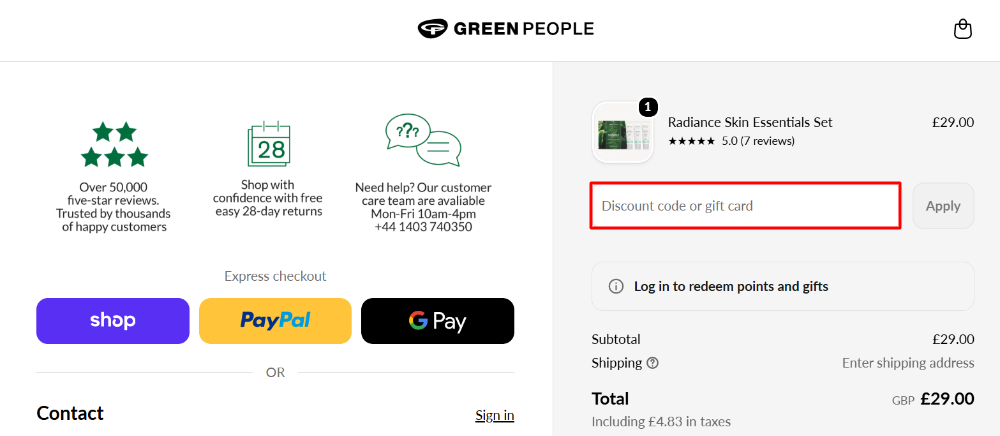 The Green People checkout page with where to paste the Green People voucher code in a red box
