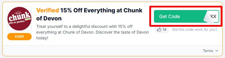A Chunk of Devon voucher code with "Get Code" in a red box.