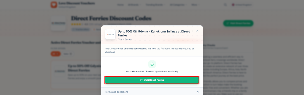 The link to the Direct Ferries website on Love Discount Vouchers
