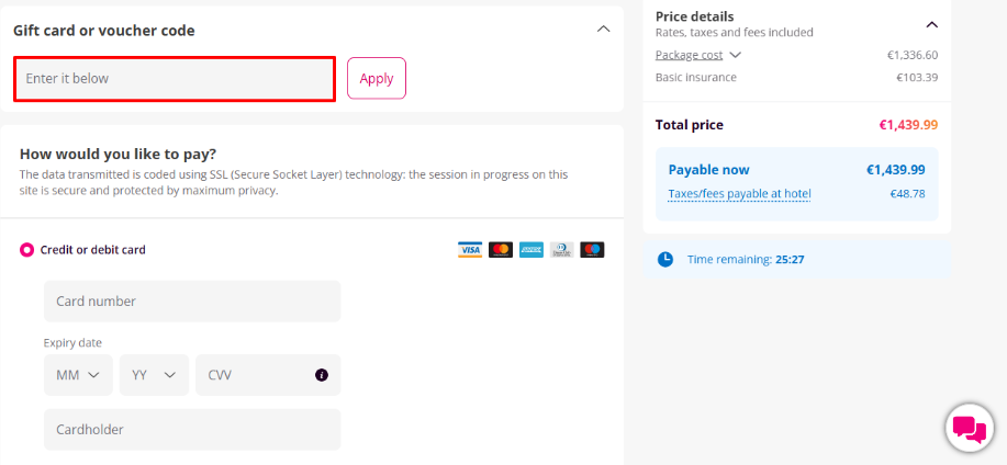 lastminute.com discount code place that can be seen by the red box surrounding it