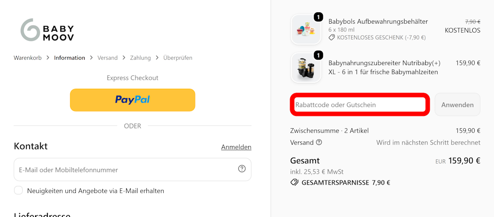 Checkout-seite von Babymoov mit rotmarkiertem Eingabefeld für Gutscheincodes
