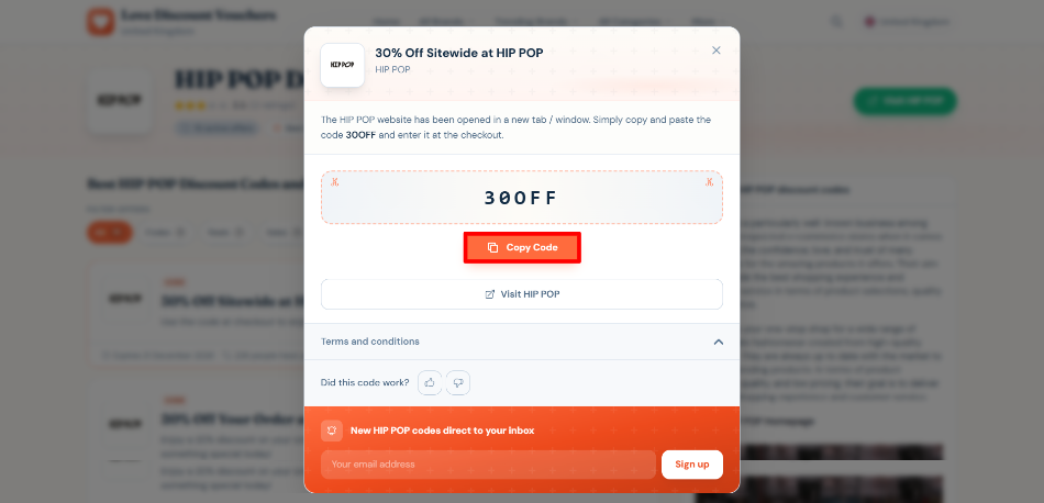 A pop-up displaying a HIP POP voucher code and its terms and conditions